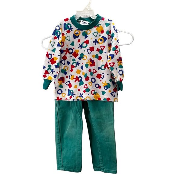 Vintage Oshkosh B'Gosh Jeans Shirt Set size 2T 3T Green Carpenter Mock Neck USA